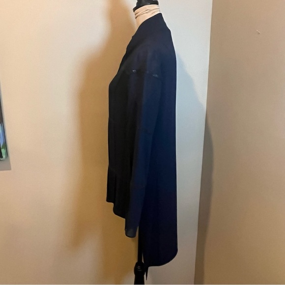 AKRIS Elegant Navy Mulberry Silk Blouse with Black Swarovski Jewel Trim, size 6 - Picture 5 of 13
